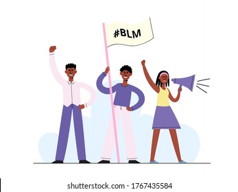 Black Lives Matter vector concept with afro american woman shouting into megaphone and men holding placard on demonstration. Poster for racial equality in cartoon flat style isolated on white