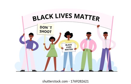 Black Lives Matter vector concept with afro american men and women holding placard on demonstration. Poster for racial equality in cartoon flat style isolated on white