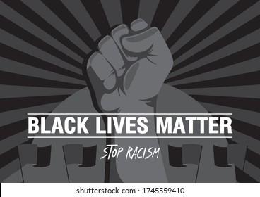 Black Lives Matter vector illustration with raised up hand and black flags background. Powerful black hand fist symbol with stop racism vector.