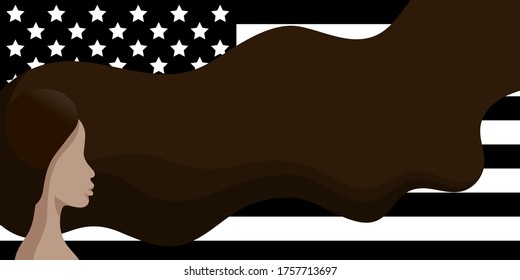 Black Lives Matter. Vector Illustration with afroamerican woman on black american flag background. Protest against racism and social inequality concept. For social media, web, banner.