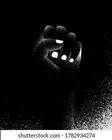 Black Lives Matter vector poster background. Human hand fist pointing up. Protest against racism. Black and white illustration with style texture effect.