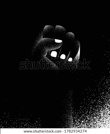 Black Lives Matter vector poster background. Human hand fist pointing up. Protest against racism. Black and white illustration with style texture effect.