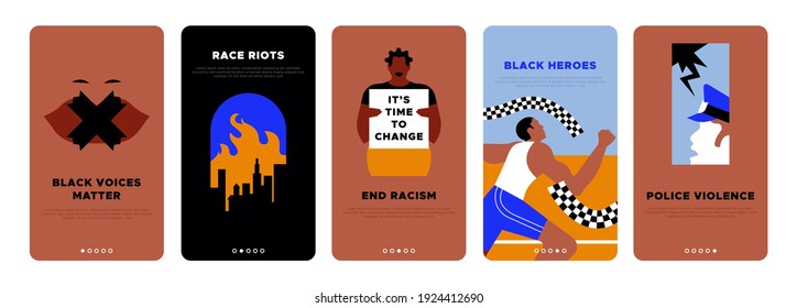 Black lives matter vertical banner template set for discrimination fight or international social issues event. Modern flat illustration of riot fire, protest sign, police injustice concepts and more.