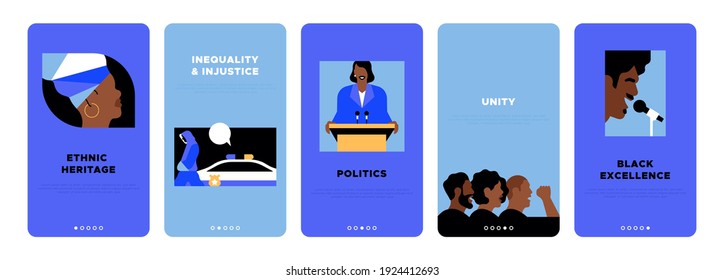 Black lives matter vertical banner template set for minority rights or international social issues event. Modern flat illustration of protest group, politician, police injustice concepts and more.