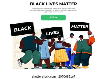 Black lives matter web banner concept. African men and women hold rally placards and protesting together, human rights fight landing page template. Vector illustration with people scene in flat design