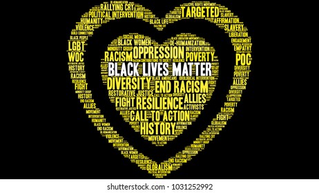 Black Lives Matter word cloud on a black background. 