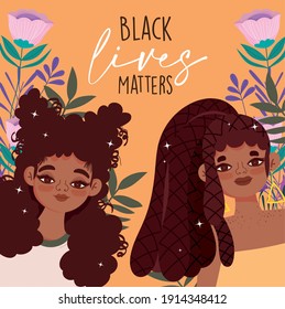 black lives matter, young afro american women characters floral card vector illustration