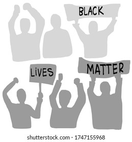  Black Lives Matter.I Can't Breathe. Group of people with posters and hands up. Protest Banner about Human Right of Black People in U.S. America. Vector Illustration. Icon Poster and Symbol for printe