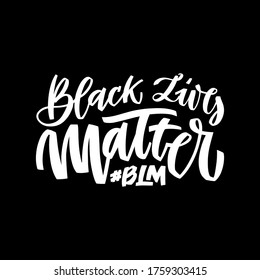 Black lives mattern hand lettering banner with hands clenched fist for protest black people in USA. Vector calligraphy illustration on black background with hashtag BLM