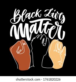 Black lives mattern hand lettering banner with hands clenched fist for protest human right of black people in U.S. America. Vector calligraphy illustration on black background in one line art style