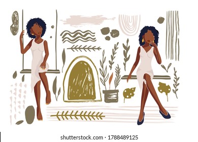 Black lives matters. Social concept with beautiful African American girl woman illustrations. Stop racism police violence. Flat vector illustration set.