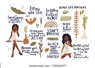 Black lives matters. Social concept set. Stop racism police violence. Girl, woman beauty lettering collection. Flat vector illustration.