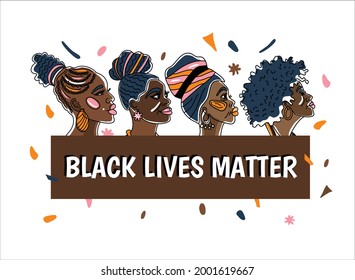 Black Livwe Matter poster with beautiful African-american women. Line art style minimalism style We are Woman concept illustration.