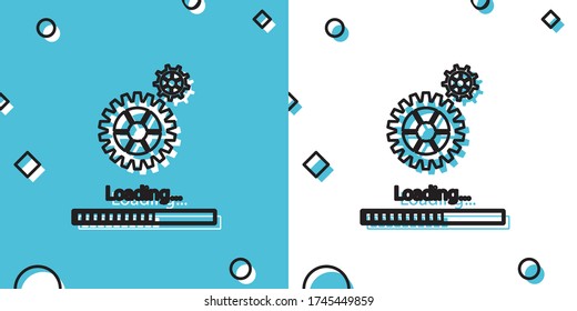 Black Loading and gear icon isolated on blue and white background. Progress bar icon. System software update. Loading process symbol. Random dynamic shapes. Vector Illustration
