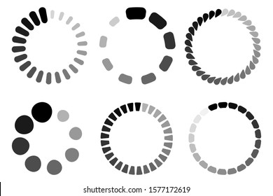 Black loading icons set isolated on white background. Circle vector load web interface icons. UI loading templates, buffering process progress bar circle rings, percent internet vector signs set.