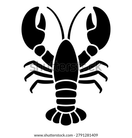 Black lobster silhouette icon with large claws, antennae, legs, and segmented tail, isolated on white background. Simple crustacean vector illustration for seafood logo, sticker, tattoo, print, marine design, and nautical decoration.