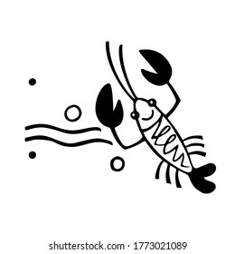 Black lobster and waves. Hand drawn vector illustration.