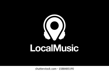 Black Local Music Headphone With Map Pin Location Logo Design Inspiration