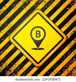 Black Location bitcoin icon isolated on yellow background. Physical bit coin. Blockchain based secure crypto currency. Warning sign. Vector