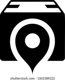 Black Location with cardboard box icon isolated on white background. Delivery services, logistic and transportation, relocation, distribution.  Vector Illustration