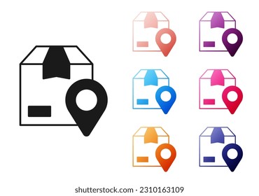 Black Location with cardboard box icon isolated on white background. Delivery services, logistic and transportation, distribution. Set icons colorful. Vector