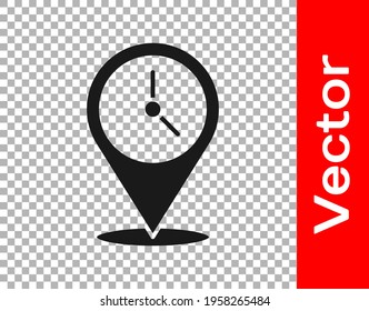 Schwarzer Standort mit Uhrsymbol einzeln auf transparentem Hintergrund.  Vektorgrafik