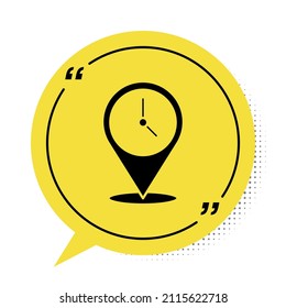 Black Location with clock icon isolated on white background. Yellow speech bubble symbol. Vector