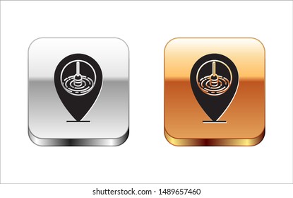 Black Location fishing icon isolated on white background. Fishing place. Silver-gold square button. Vector Illustration