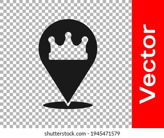 Black Location king crown icon isolated on transparent background.  Vector
