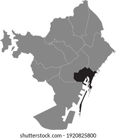 Black location map of the Barcelonian Ciutat Vella district inside gray map of Barcelona, Spain