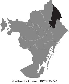 Mapa de ubicación en negro del barrio barcelonés de Sant Andreu dentro del mapa gris de Barcelona, España