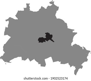 Black location map of Berliner Friedrichshain-Kreuzberg borough (bezirk) inside gray map of Berlin, Germany