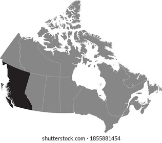 Black location map of British Columbia province inside gray map of Canada