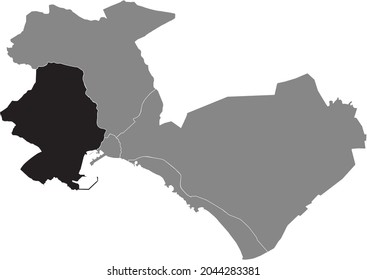 Black location map of the Distrito Poniente (Ponent) district inside gray urban districts map of the Spanish regional capital city of Palma, Spain