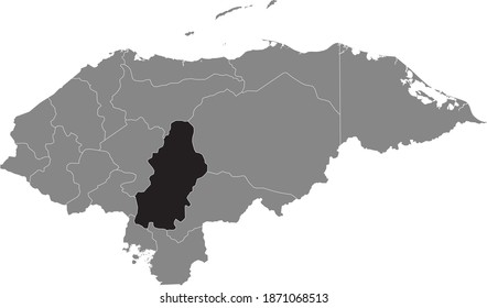 Black location map of the Honduran Francisco Morazán department inside gray map of Honduras