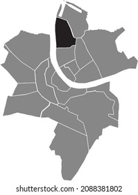 Black location map of the Klybeck District inside gray urban districts map of the Swiss regional capital city of Basel, Switzerland