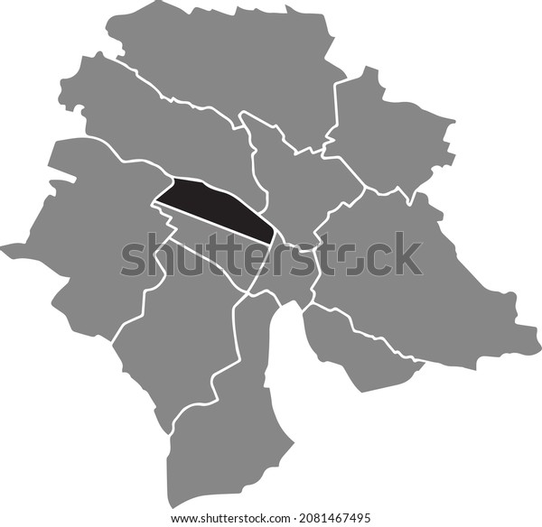 Black location map of the Kreis 5\
Industriequartier District inside gray urban districts map of the\
Swiss regional capital city of Zurich,\
Switzerland
