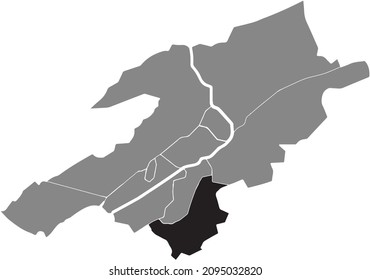 Mapa de ubicación en negro del distrito de Madretsch Süd dentro del mapa de distritos urbanos grises de la capital regional suiza de Biel-Bienne, Suiza