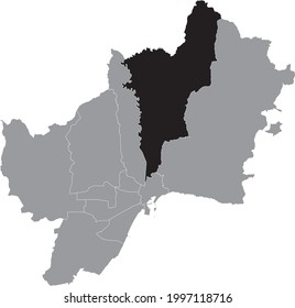 Black location map of the Malagenean Ciudad Jardín district inside the Spanish regional capital city of Malaga, Spain