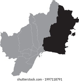 Black location map of the Malagenean Este district inside the Spanish regional capital city of Malaga, Spain