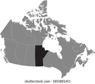 Black location map of Manitoba province inside gray map of Canada