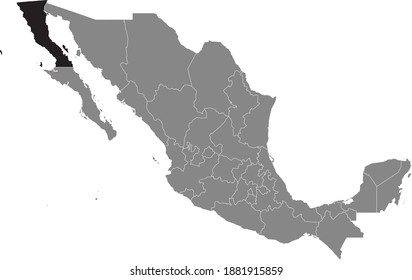 Black location map of Mexican Baja California state inside gray map of Mexico