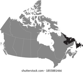 Black location map of Newfoundland and Labrador province inside gray map of Canada