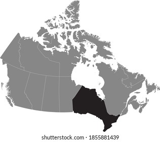 Black location map of Ontario province inside gray map of Canada