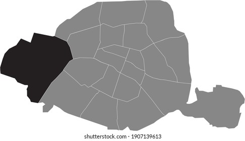 Black location map of Parisian seizième, 16th arrondissement inside gray map of Paris, France