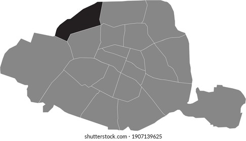 Black location map of Parisian dix-septième, 17th arrondissement inside gray map of Paris, France