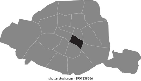 Black location map of Parisian quatrième, 4th arrondissement inside gray map of Paris, France