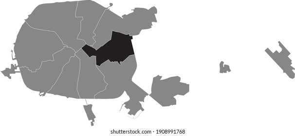 Schwarze Ortskarte des Partyzanski-Gebiets (sowjetischer Partisanenbezirk) auf der grauen Karte von Minsk, Belarus
