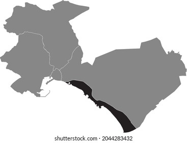 Black location map of the Playa de Palma (Palm Beach) district inside gray urban districts map of the Spanish regional capital city of Palma, Spain