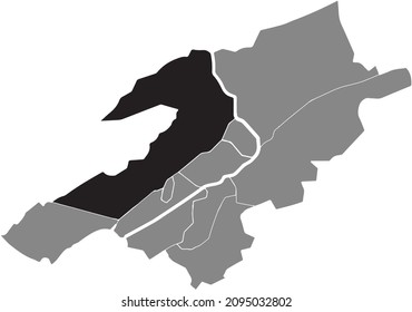 Black location map of the Rebberg District inside gray urban districts map of the Swiss regional capital city of Biel-Bienne, Switzerland